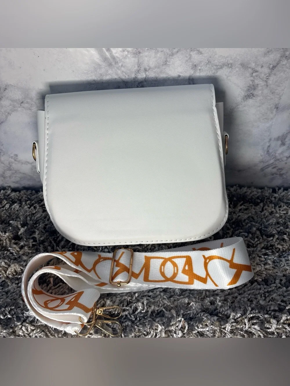 White Crossbody with Patterned Orange Strap